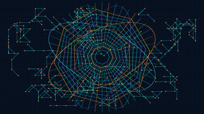 Abstract geometric vector graphic depicting BrightonSEO San Diego keynotes, GEO training, and AI search citation networks