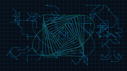 Abstract geometric vector art of high-density liquid cooling circuits and secure datacenter fabrics