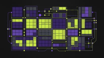 2D flat geometric vector art of partitioned context window memory blocks and connectivity lines in violet and chartreuse on dark carbon