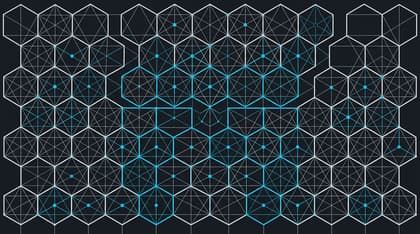 2D flat geometric vector art of interlocking regular hexagons and hairline network lines in laser blue and white on dark graphite