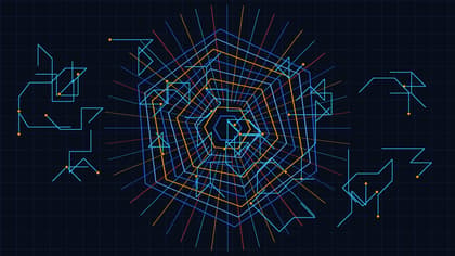 Abstract geometric 2D vector graphic of dual-use AI defense shields and telemetry orbits
