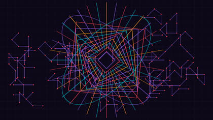 Abstract geometric vector graphic of conversational query intent vectors refracting through a central prism