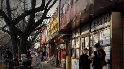 Photo-realistic dynamic action shot of commuter walking through city street staring at phone screen