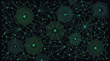 Abstract geometric 2D vector graphic of neural web spiders, crawling architectures, and hyperlinked graphs