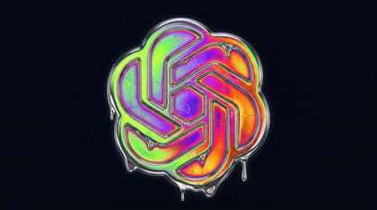 Acid burn and molten iridescent thermal gradient treatment applied to OpenAI logo geometry