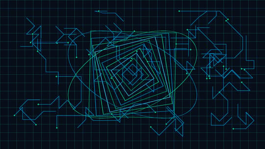 Abstract geometric vector art of high-density liquid cooling circuits and secure datacenter fabrics