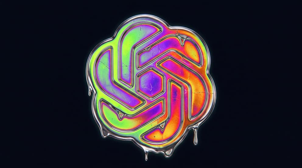 Acid burn and molten iridescent thermal gradient treatment applied to OpenAI logo geometry